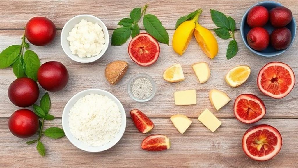 Vista de cima dos ingredientes organizados em bancada rústica para preparar a sobremesa de maracujá com creme e geleia