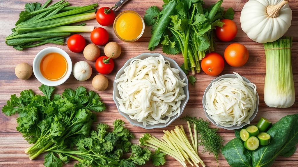 Visão de cima com cenoura, brócolis, abobrinha, pimentão, cebola e temperos organizados em bancada de cozinha