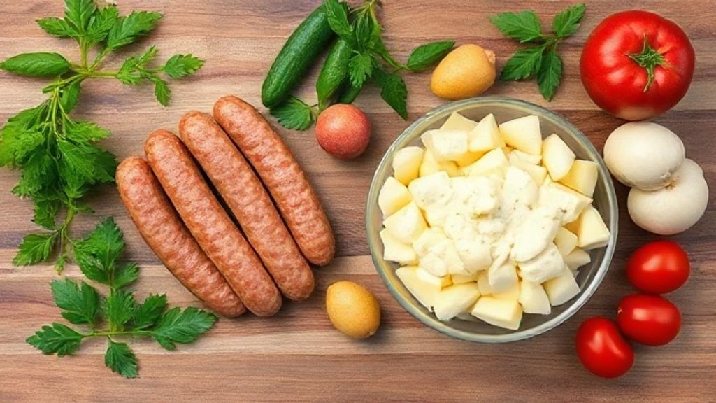 Ingredientes da receita organizados em uma bancada rústica de madeira, vistos de cima