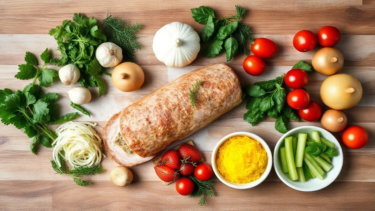 Ingrédients frais et organisés, vus de haut, prêts pour la préparation de la longe farcie de Noël