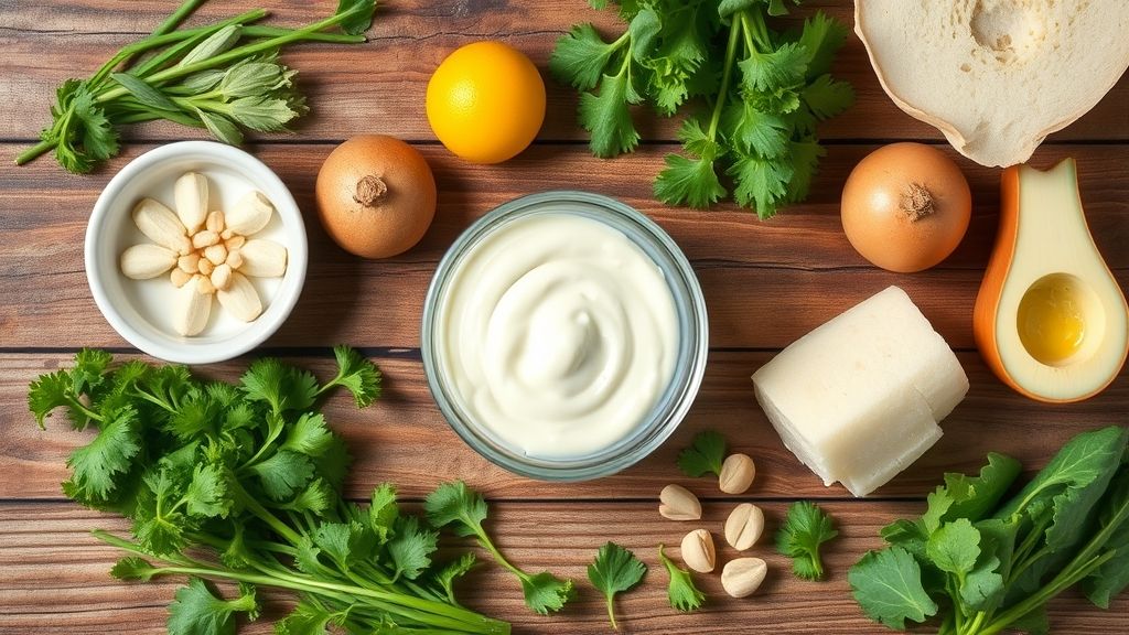 Ingredientes separados em tigelas e medidores sobre bancada rústica de madeira.