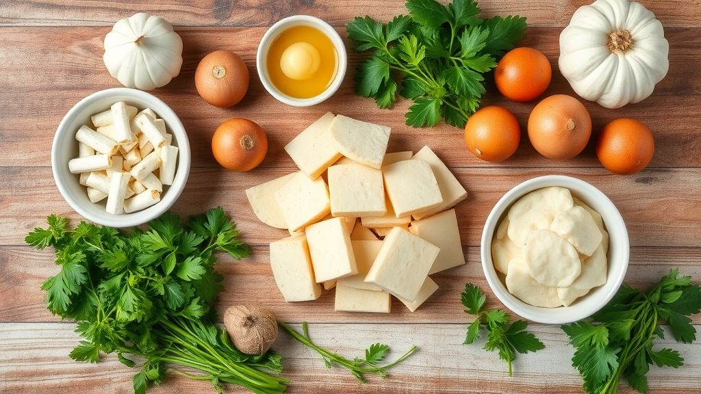 Ingredientes da receita dispostos de forma organizada em bancada de madeira, incluindo mandioca cozida, azeite, páprica e temperos