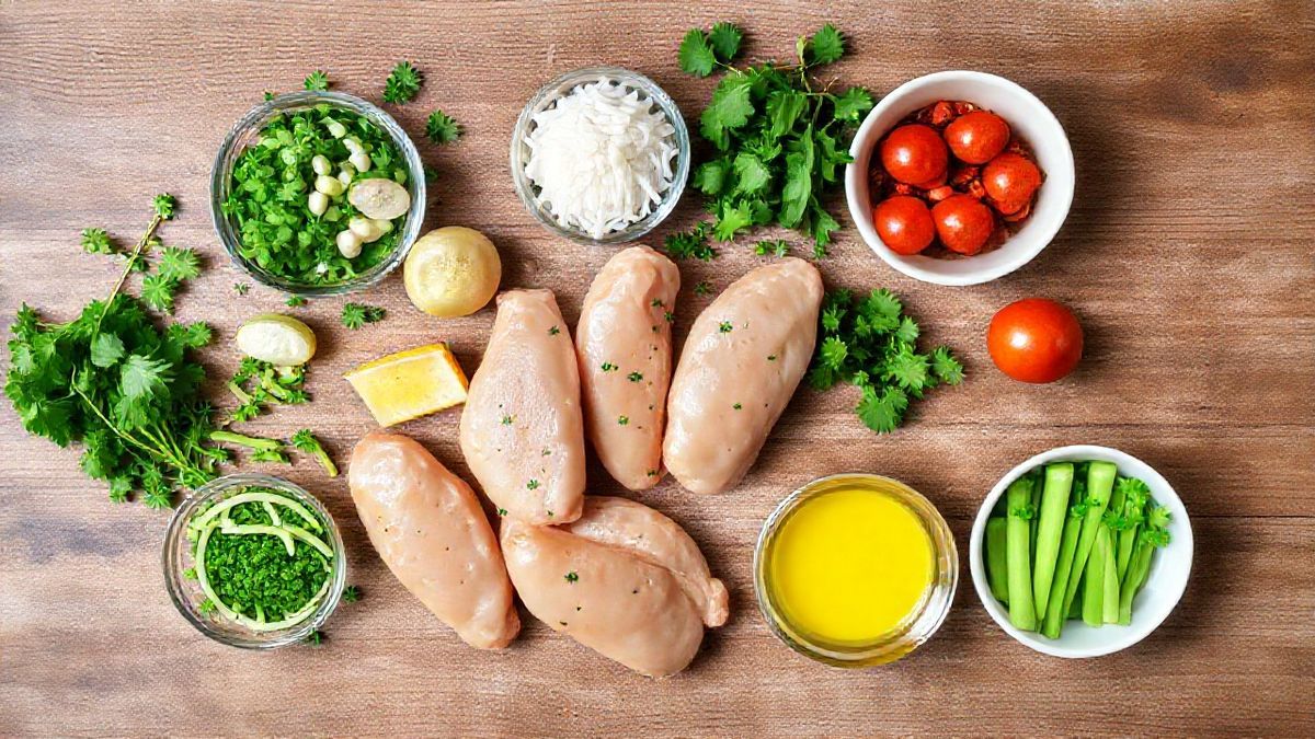 Ingredientes frescos para a marinada, organizados de forma harmoniosa sobre bancada de madeira.