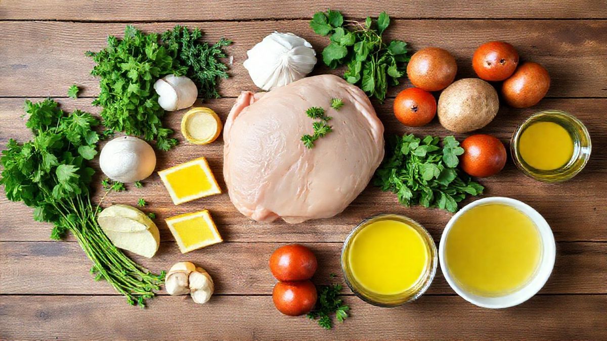 Ingredientes frescos organizados em bancada rústica para preparo da marinada de peru com vinho branco.