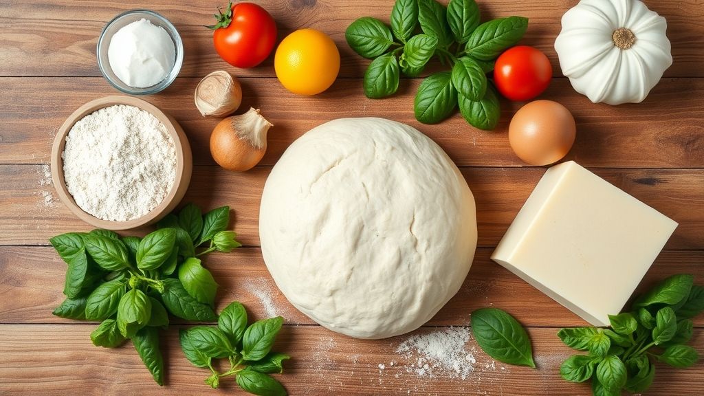 Ingredientes organizados em bancada de madeira: farinha, fermento seco, azeite, água morna e sal