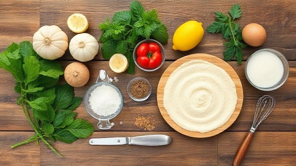 Ingredientes separados sobre bancada de madeira: ovos, açúcar, farinha, leite e utensílios.