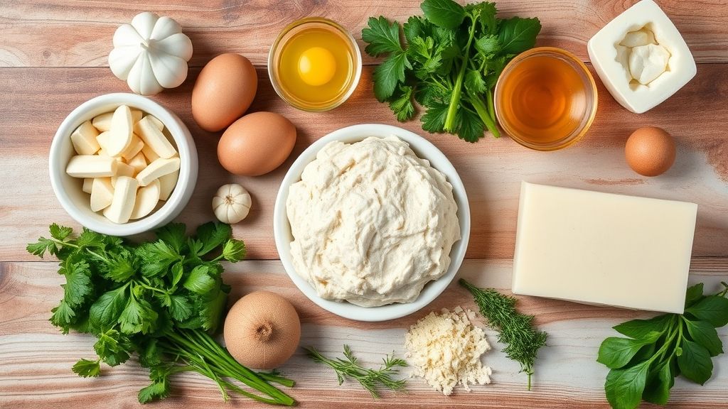 Ingredientes organizados em cima de uma bancada: farinha, banha, sal e água gelada