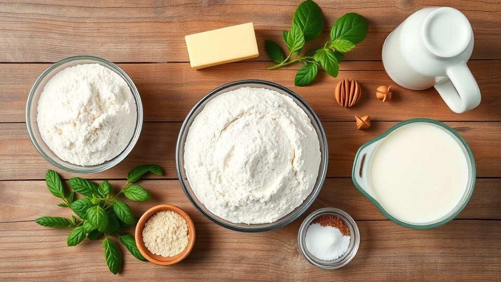 Ingredientes organizados em flat lay: manteiga, farinha, leite e temperos.