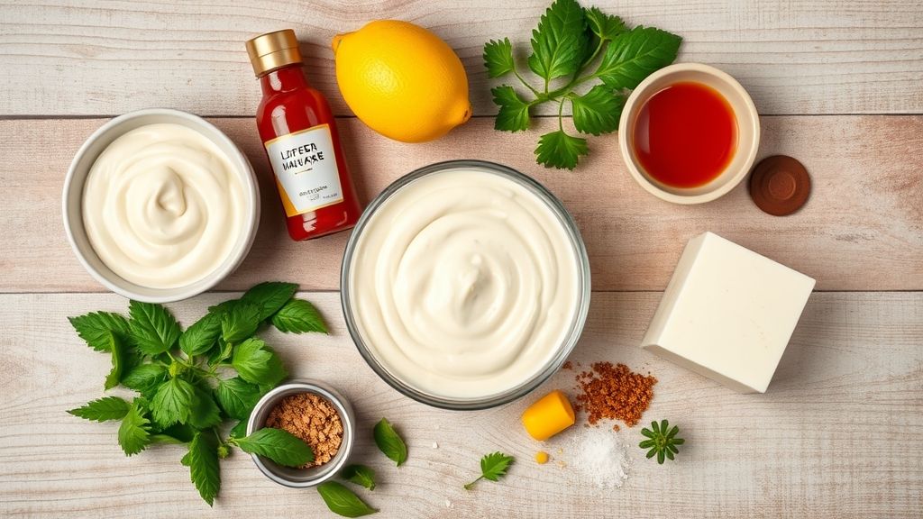 Ingredientes do molho rosé organizados em bancada: maionese, ketchup, limão, mostarda e especiarias.