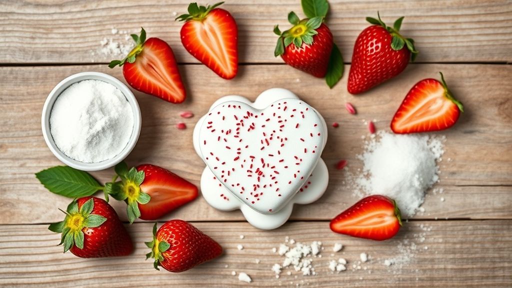 Ingredientes do brigadeiro branco, calda e morangos frescos organizados em bancada de madeira