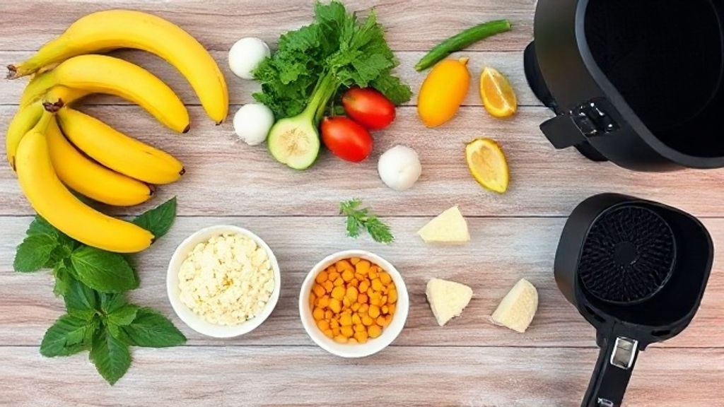 Ingredientes organizados em flat lay: ovos, bananas maduras, farinha, açúcar demerara, canela e fermento.