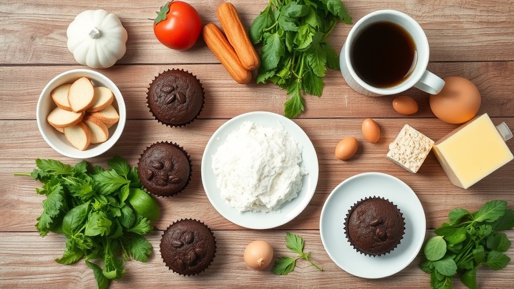 Ingredientes do muffin organizados em bancada de madeira, prontos para o preparo