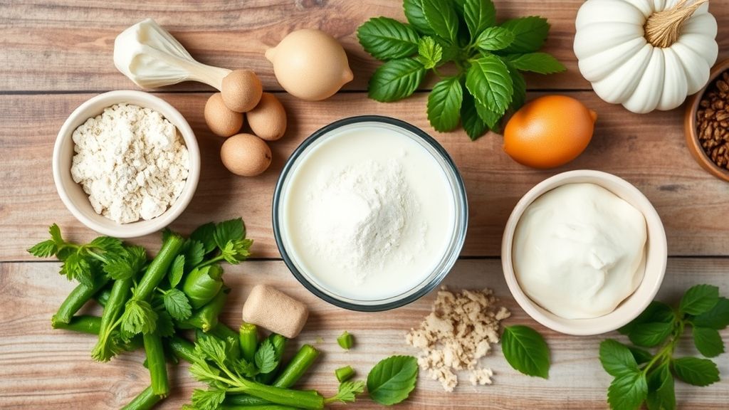 Visão de cima com os ingredientes do Ninho Quente Cremoso dispostos em tigelas em uma superfície rústica