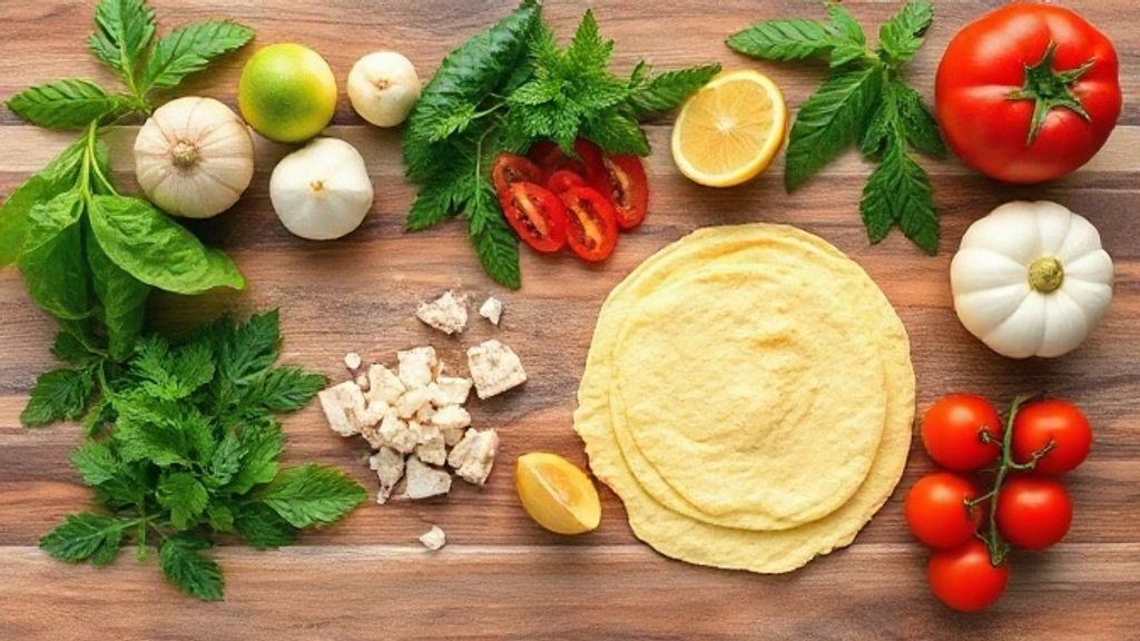 Ingredientes frescos organizados sobre bancada, incluindo ovos, frango desfiado, queijo e tomates-cereja.