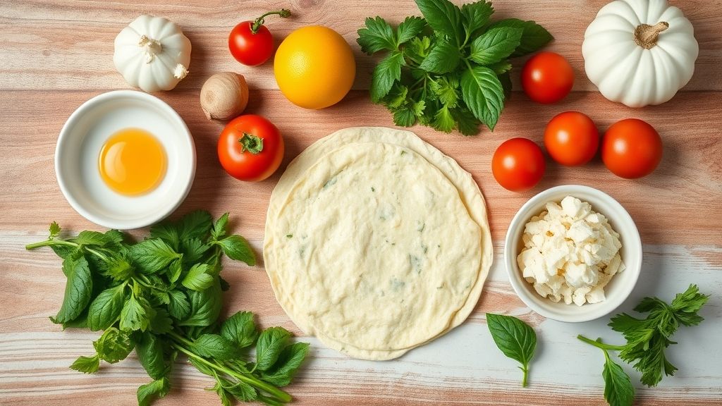 Ingredientes da omelete simples dispostos organizados em bancada de cozinha