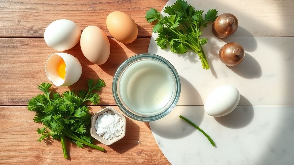 Ingredientes organizados em bancada: ovo cru, recipiente de vidro com água e pitada de sal