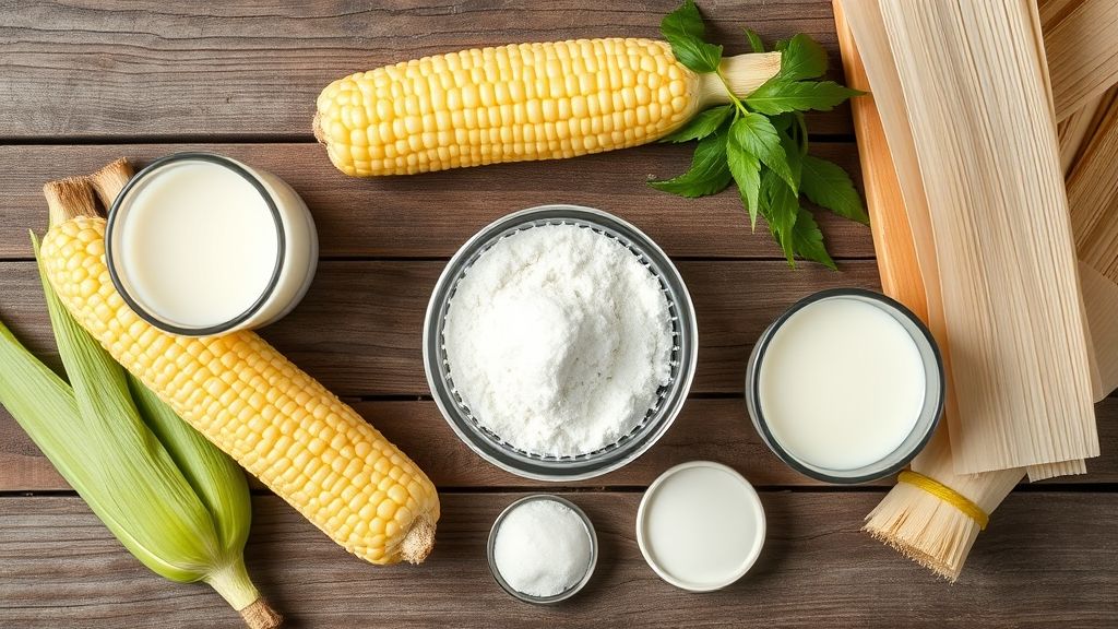 Ingredientes da pamonha como milho verde, leite, açúcar e palhas arrumados em bancada rústica