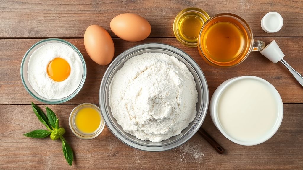 Ingredientes organizados em bancada de madeira para preparo da massa