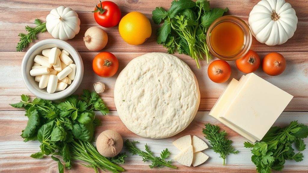 Ingredientes da receita dispostos em bowls pequenos sobre bancada de madeira rústica