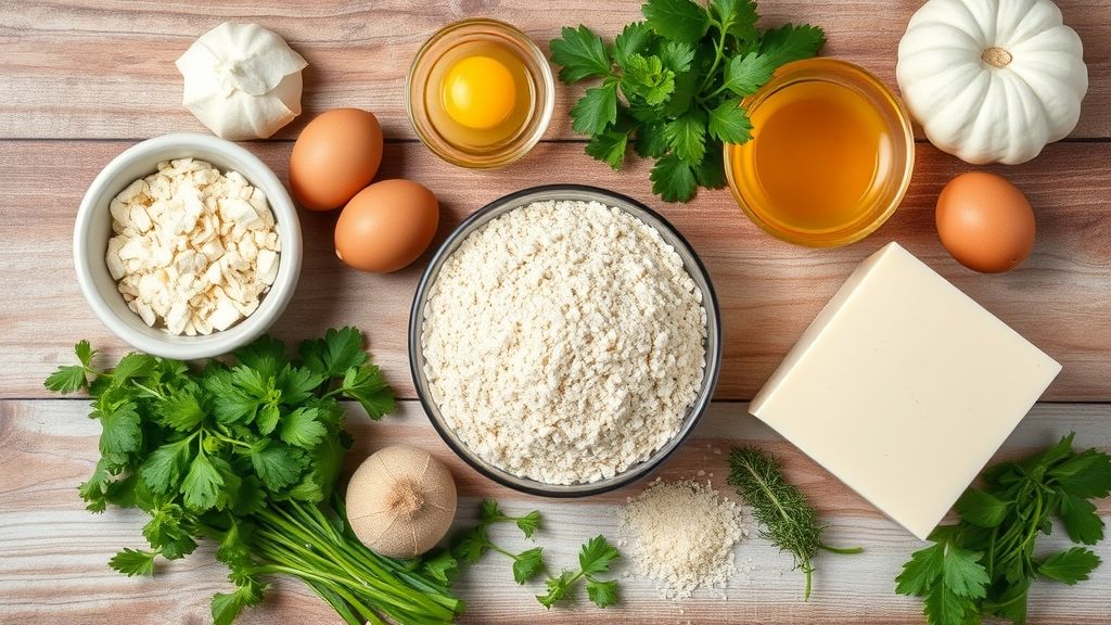 Ingredientes como fubá, polvilho, leite vegetal e fermento organizados sobre bancada de madeira