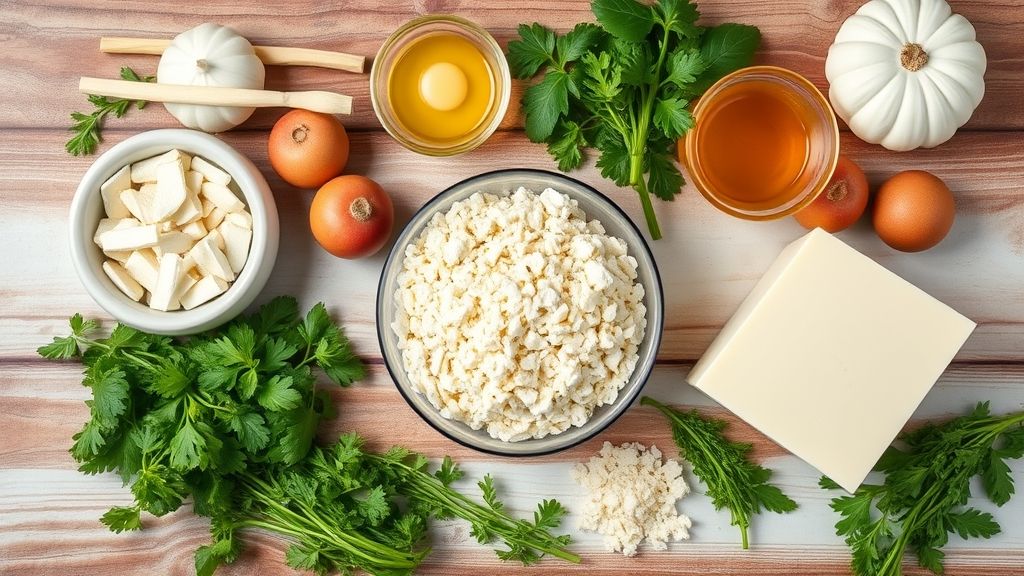 Ingredientes dispostos em flat lay em uma bancada de madeira para o preparo do pão de maisena na frigideira