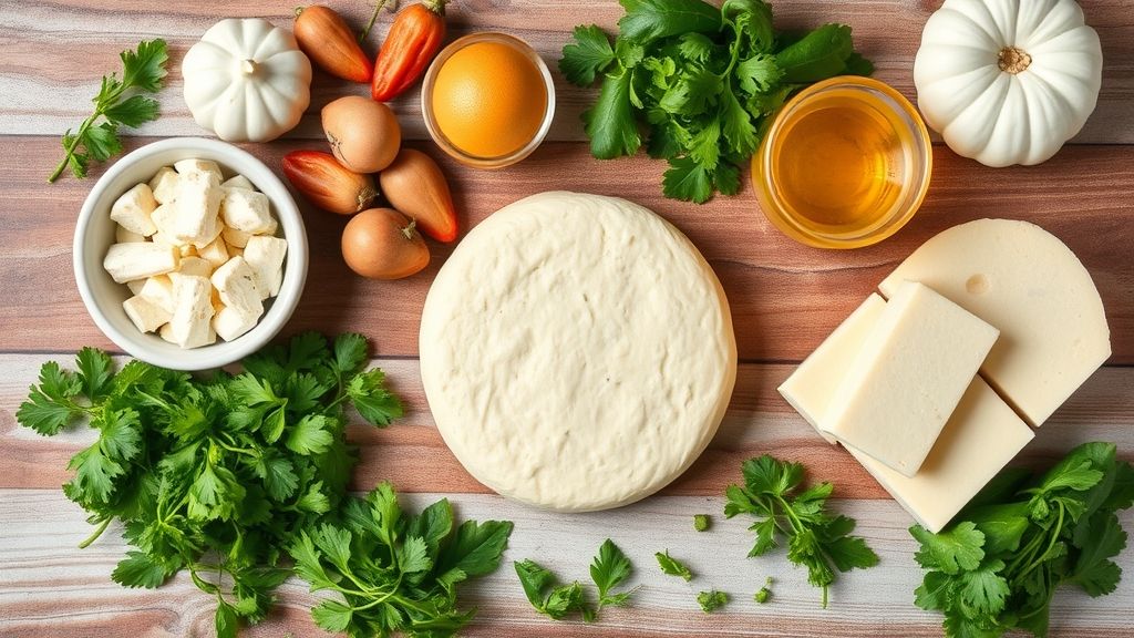 Ingredientes organizados em visão de cima: polvilho, queijo ralado, ovos, leite e óleo em tigelas separadas