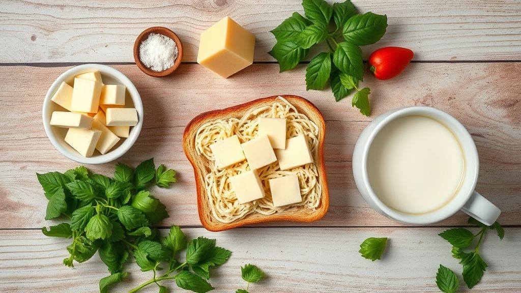 Ingredientes da receita dispostos em estilo flat lay com pão francês, queijo, manteiga, leite e café recém-coado