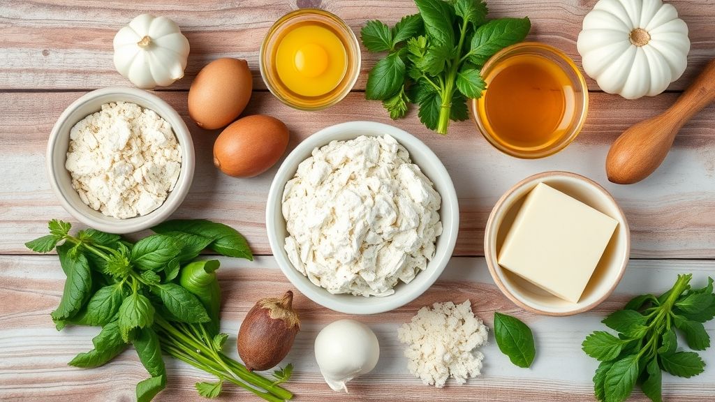 Ingredientes organizados de forma harmônica sobre bancada de madeira para preparo da massa e recheios do pastel assado