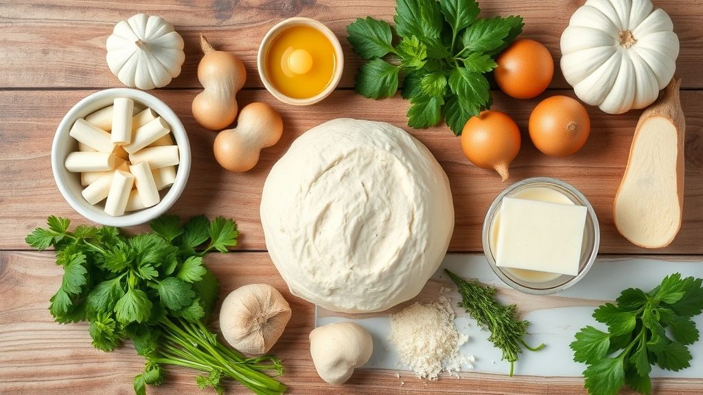 Ingredientes frescos organizados em bancada: mandioca cozida, ovo, manteiga, polvilho, recheios variados