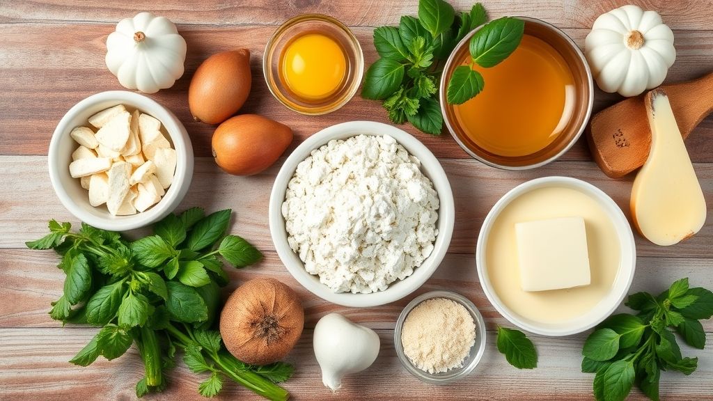 Ingredientes organizados de forma limpa e atraente sobre bancada de mármore: massa folhada, ovos, nata, leite e baunilha.