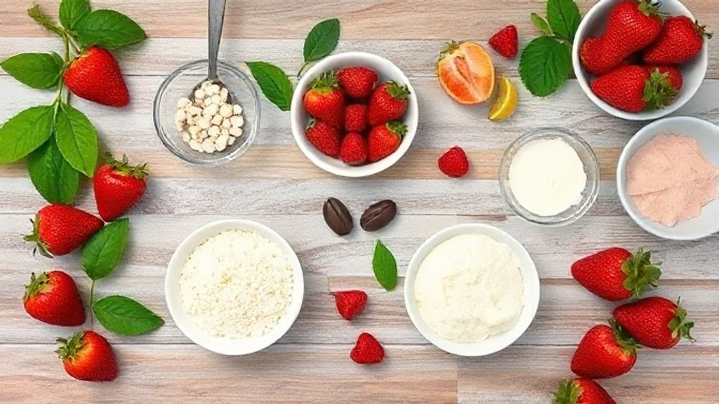 Ingredientes do pavê organizados em bancada: biscoito champanhe, chocolate, morangos frescos, leite condensado, creme de leite