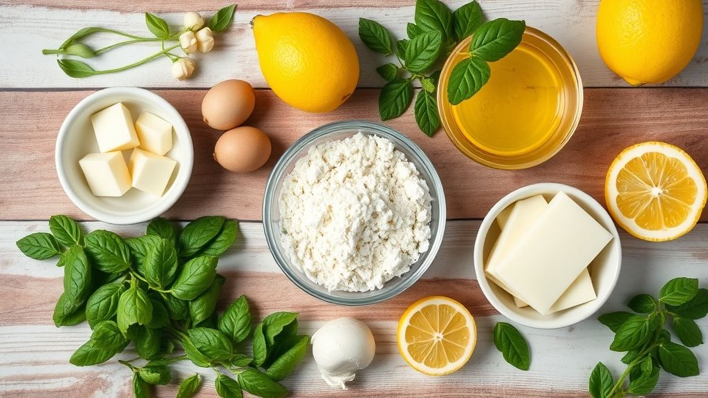 Ingredientes do pavê de limão dispostos em flat lay, incluindo biscoito champagne, limões, leite condensado e creme de leite