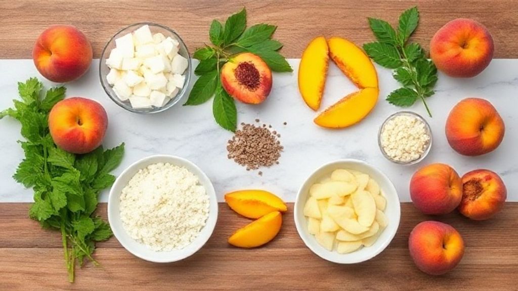 Ingredientes do pavê de pêssego organizados sobre uma bancada de cozinha