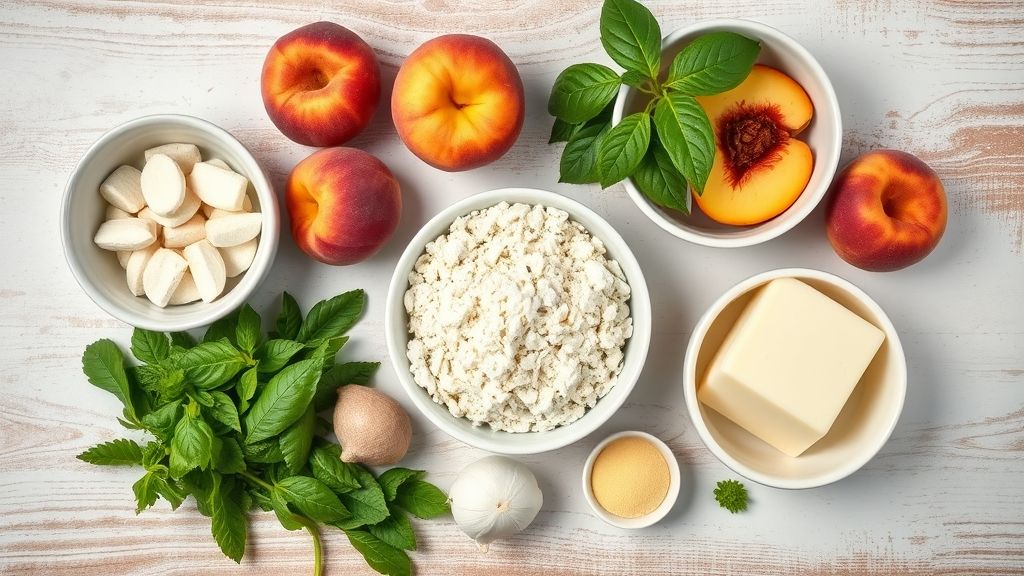 Flat lay dos ingredientes do pavê de pêssego organizados em uma bancada de cozinha