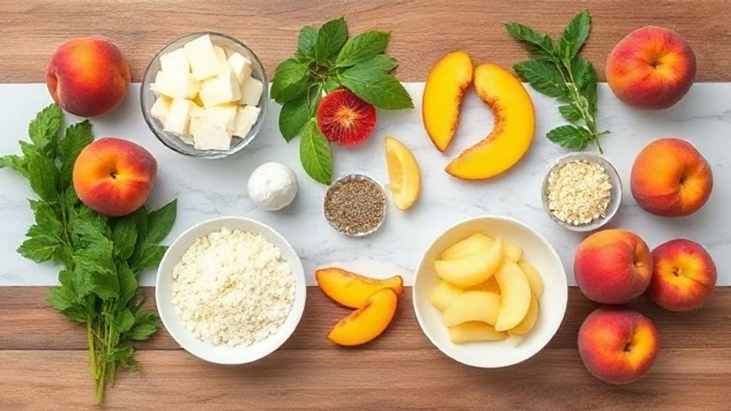 Ingredientes do pavê de pêssego simples organizados em bancada rústica, com destaque para frutas e biscoitos