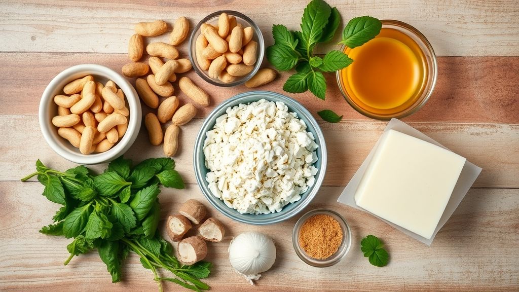 Ingredientes separados em tigelas: açúcar, amendoim, manteiga e bicarbonato sobre bancada rústica.