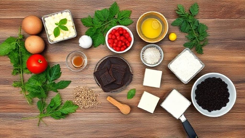 Ingredientes do petit gateau organizados em bancada de madeira, incluindo chocolate, ovos e farinha