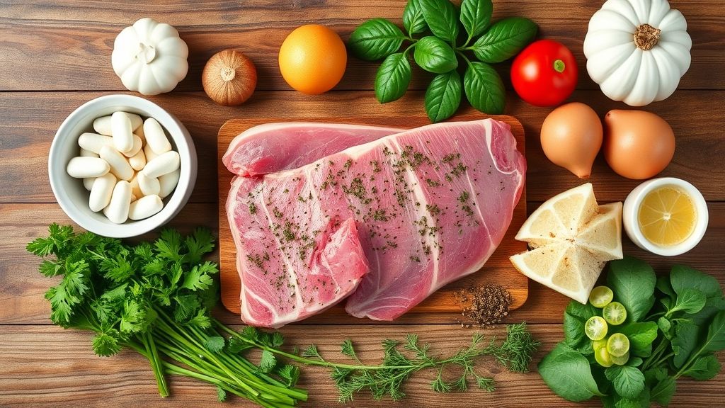 Ingredientes organizados em flat lay sobre bancada de madeira: picanha suína, temperos, vinho branco, alho e limão.