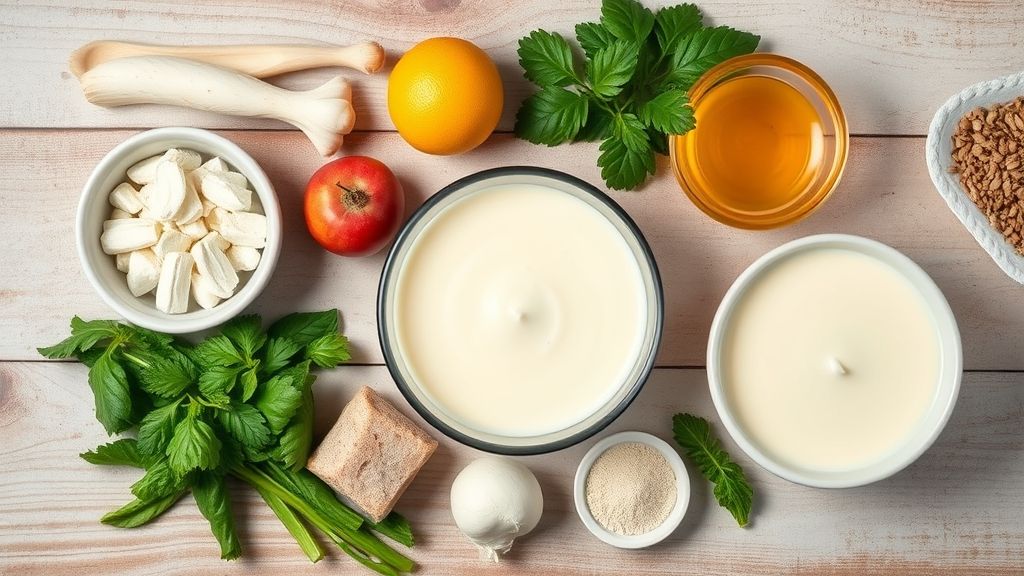 Ingredientes medidos em potes transparentes vistos de cima em uma bancada de mármore