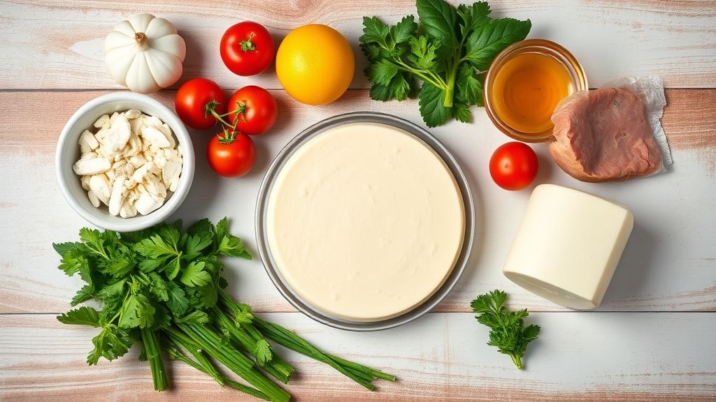 Ingredientes do pudim organizados em flat lay sobre bancada clara