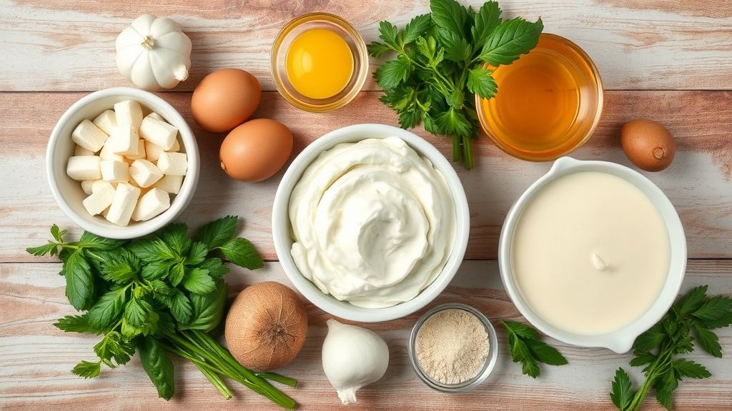 Ingredientes organizados em bancada de madeira: pães, leite, ovos, leite condensado, açúcar e manteiga