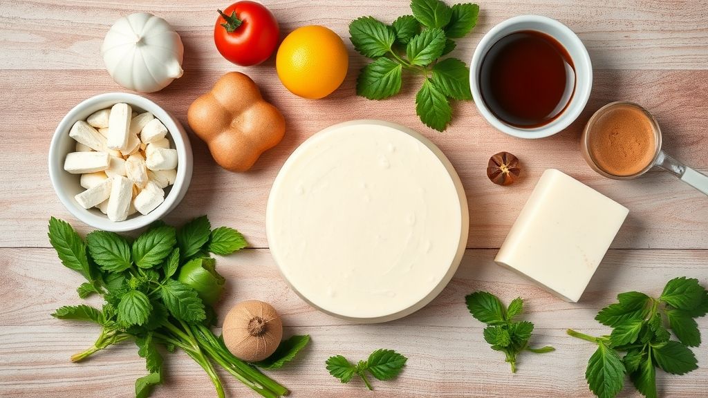 Visão de cima com os ingredientes do pudim de sorvete organizados em bancada de madeira