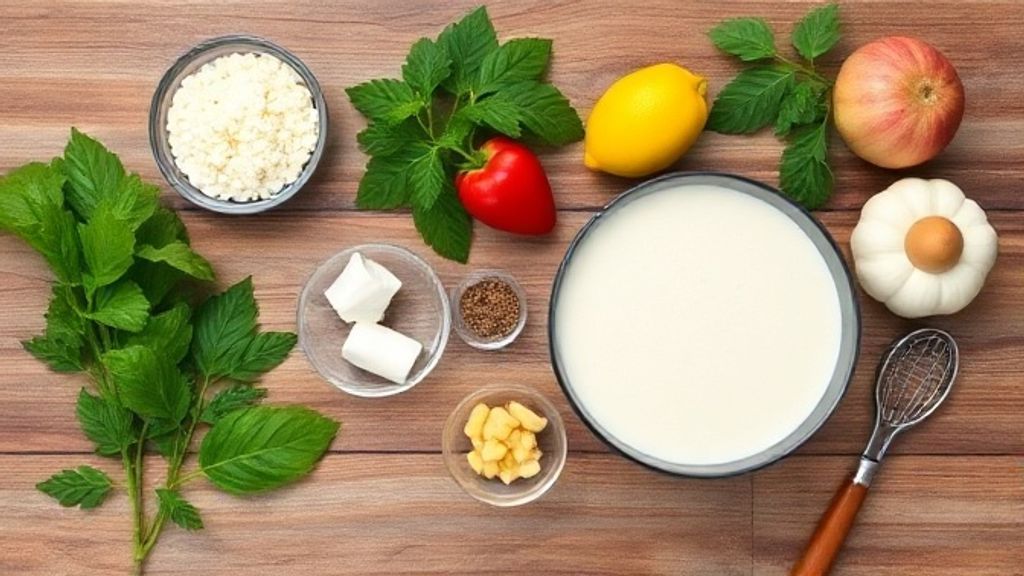 Foto aérea dos ingredientes sobre bancada de madeira: tapioca granulada, leite, coco e leite condensado organizados em potes