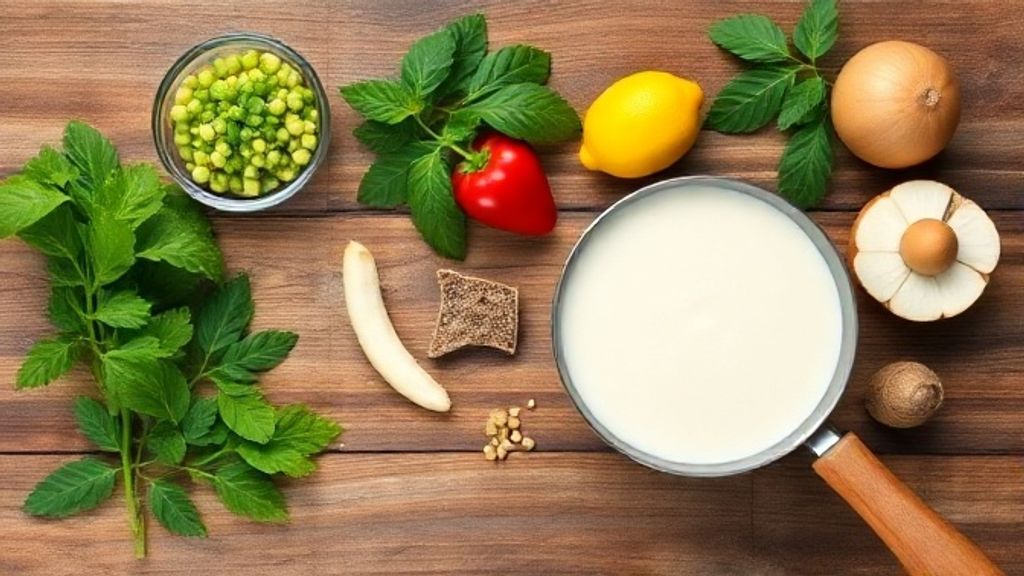 Ingredientes do pudim organizados em uma bancada: tapioca granulada, leite, ovos, leite condensado, leite de coco, açúcar e coco ralado