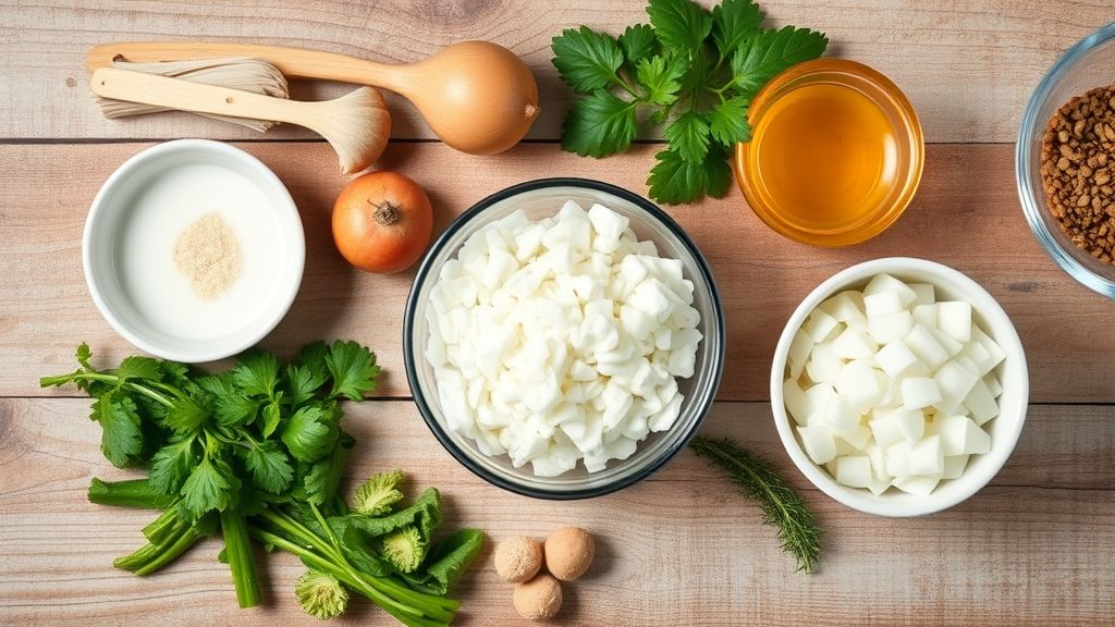 Ingredientes organizados em uma bancada de madeira, incluindo tapioca granulada, leite, leite condensado, coco e açúcar.