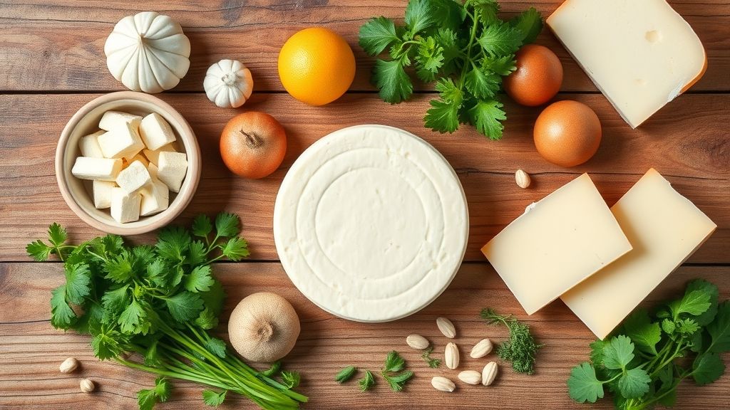 Ingredientes do queijo caseiro organizados em bancada rústica: leite, limão, manteiga e sal