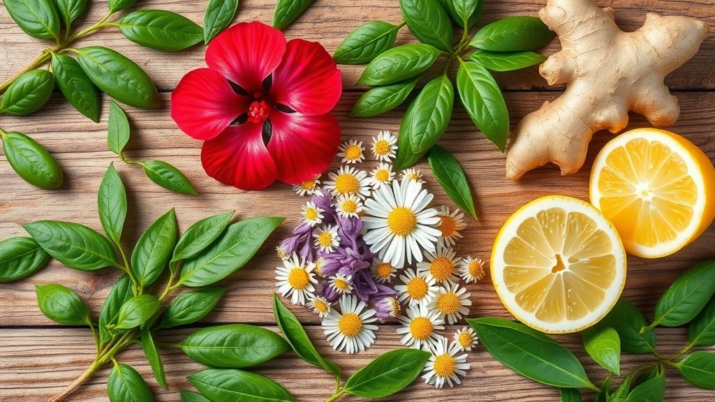 Ingredientes variados como chá verde, hibisco, camomila e gengibre arrumados em bancada de cozinha