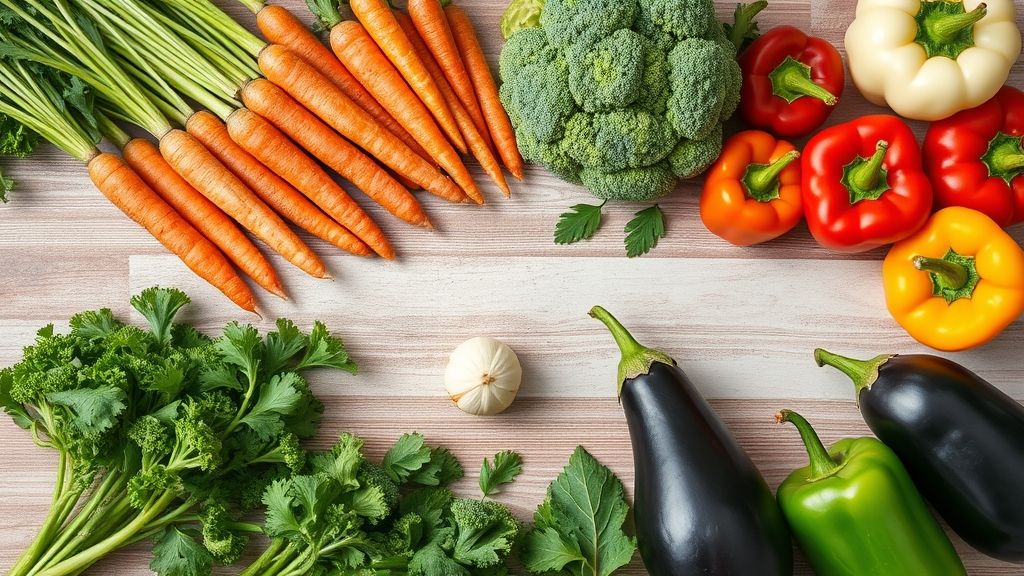 Vista de cima com cenoura, abobrinha, berinjela, pimentão e brócolis organizados em uma superfície de madeira