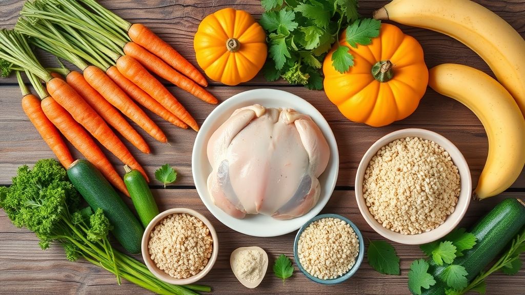Flat lay de ingredientes naturais e coloridos organizados em uma mesa de madeira rústica
