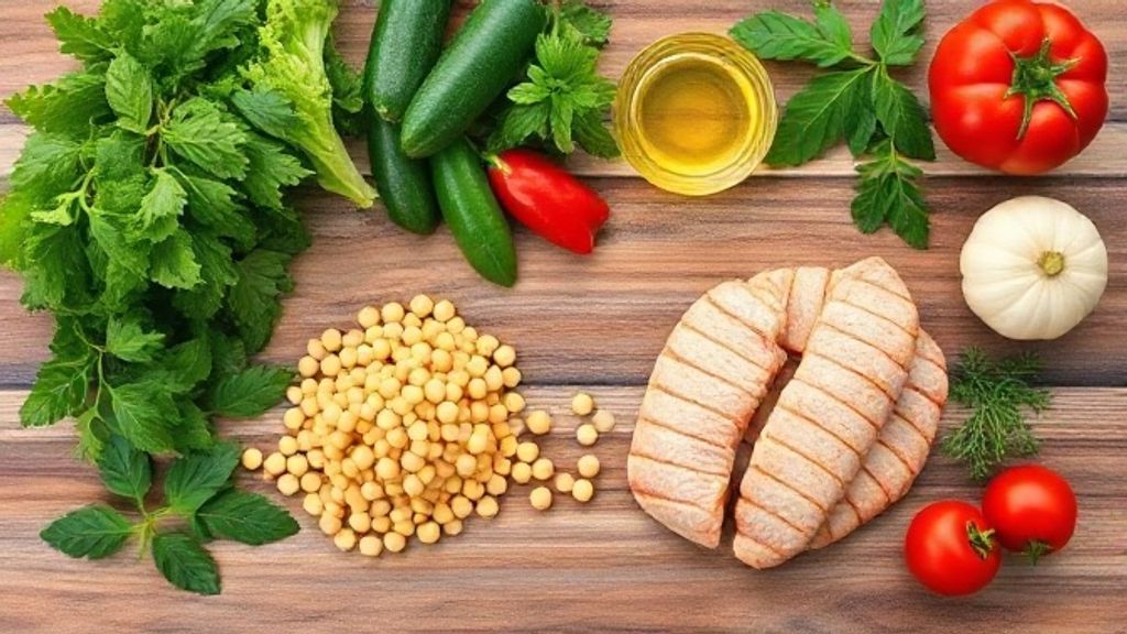 Mesa vista de cima com grão-de-bico, frango, legumes e temperos organizados